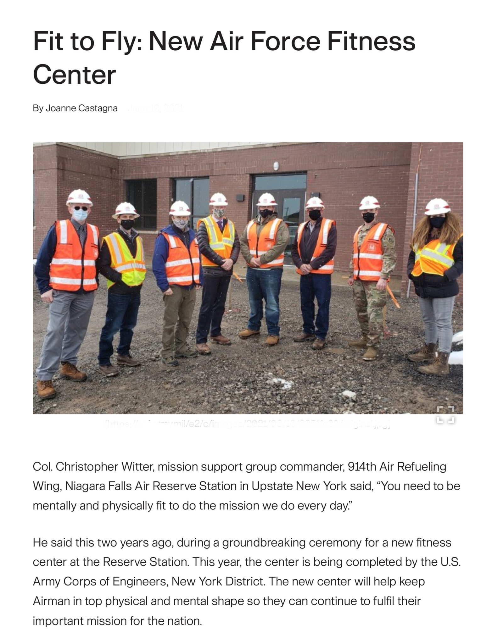 Niagara Falls Air Reserve Station-Physical Fitness Facility: Construction of a new 24,906 sf physical fitness facility including a lobby, administrative areas, locker rooms, gymnasium/basketball court, group exercise area, fitness equipment space, storage space, indoor running track and racquetball courts. The new construction completed included - all required site work, underground utilities, reinforced concrete foundation, steel structure, brick and exterior insulation finish system, roof, fire protection, mechanical, electrical, plumbing, communications, and an asphalt parking lot.