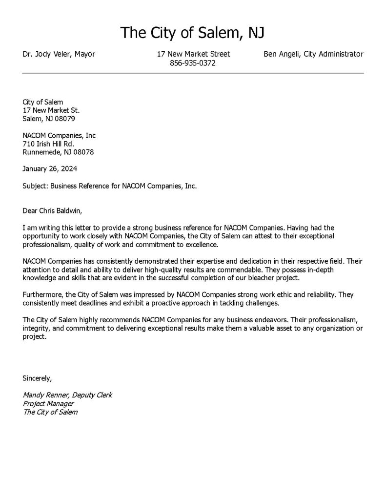 Testimonial - Letter of Recommendation from City of Salem to NACOM
